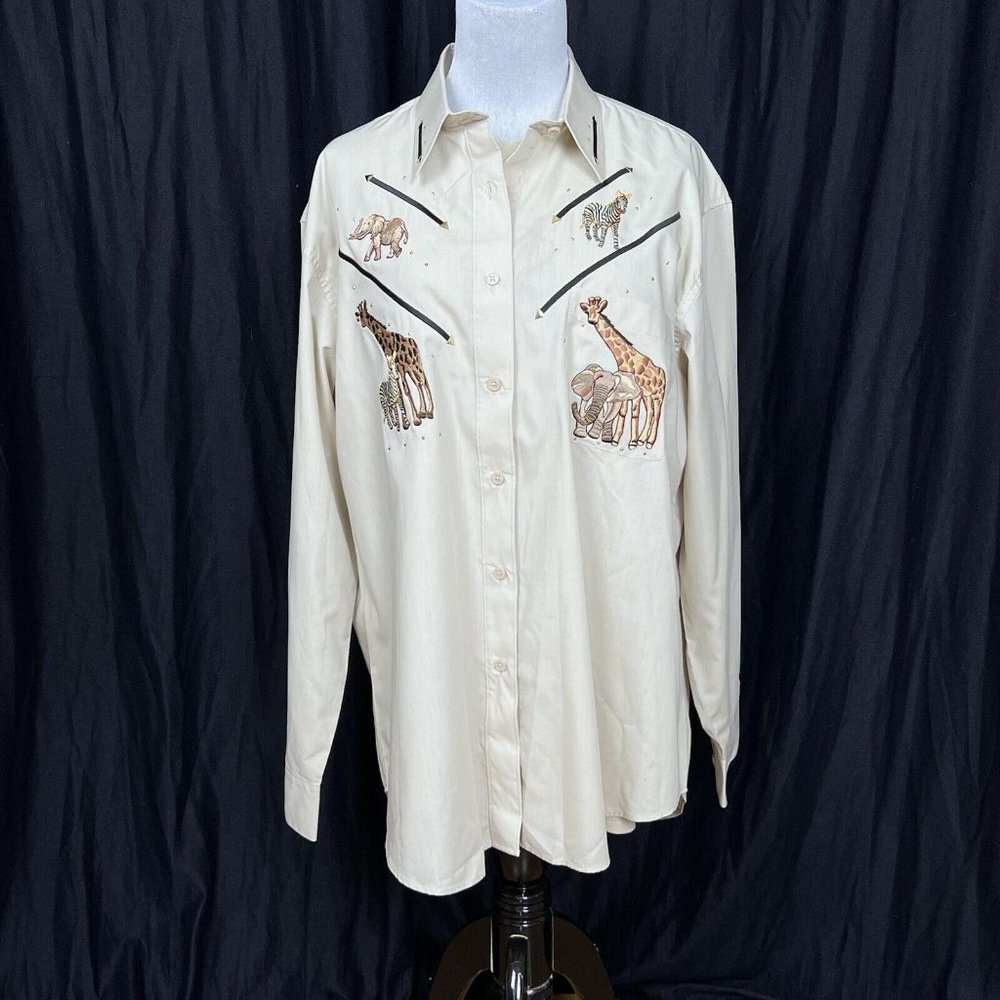 Las Olas Khaki Button Down and Matching SS Tee - Elephants, Giraffes, Zebra EUC